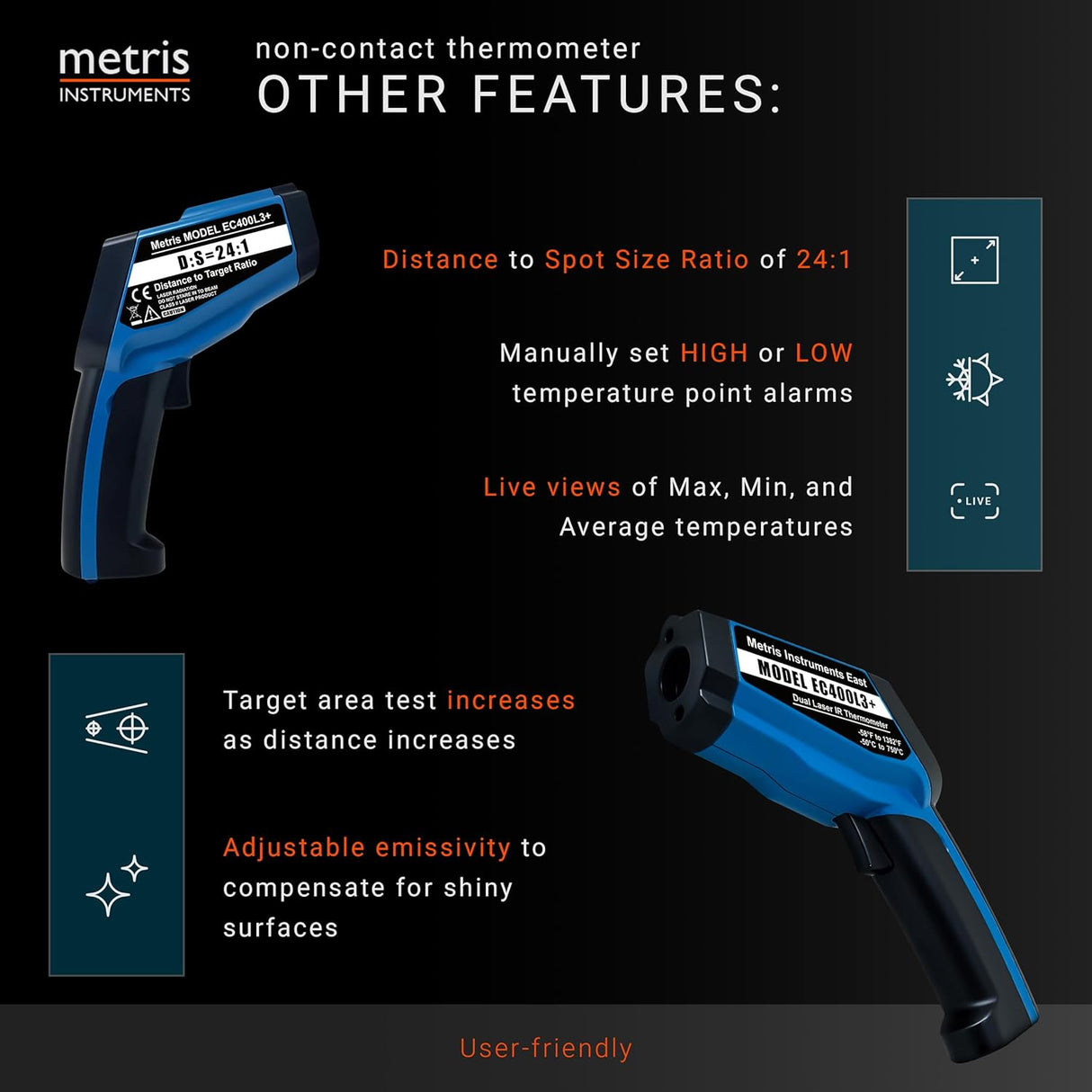 Metris Instruments EC400L3+ Digital Infrared Thermometer Gun for HVAC, Industrial, Automotive