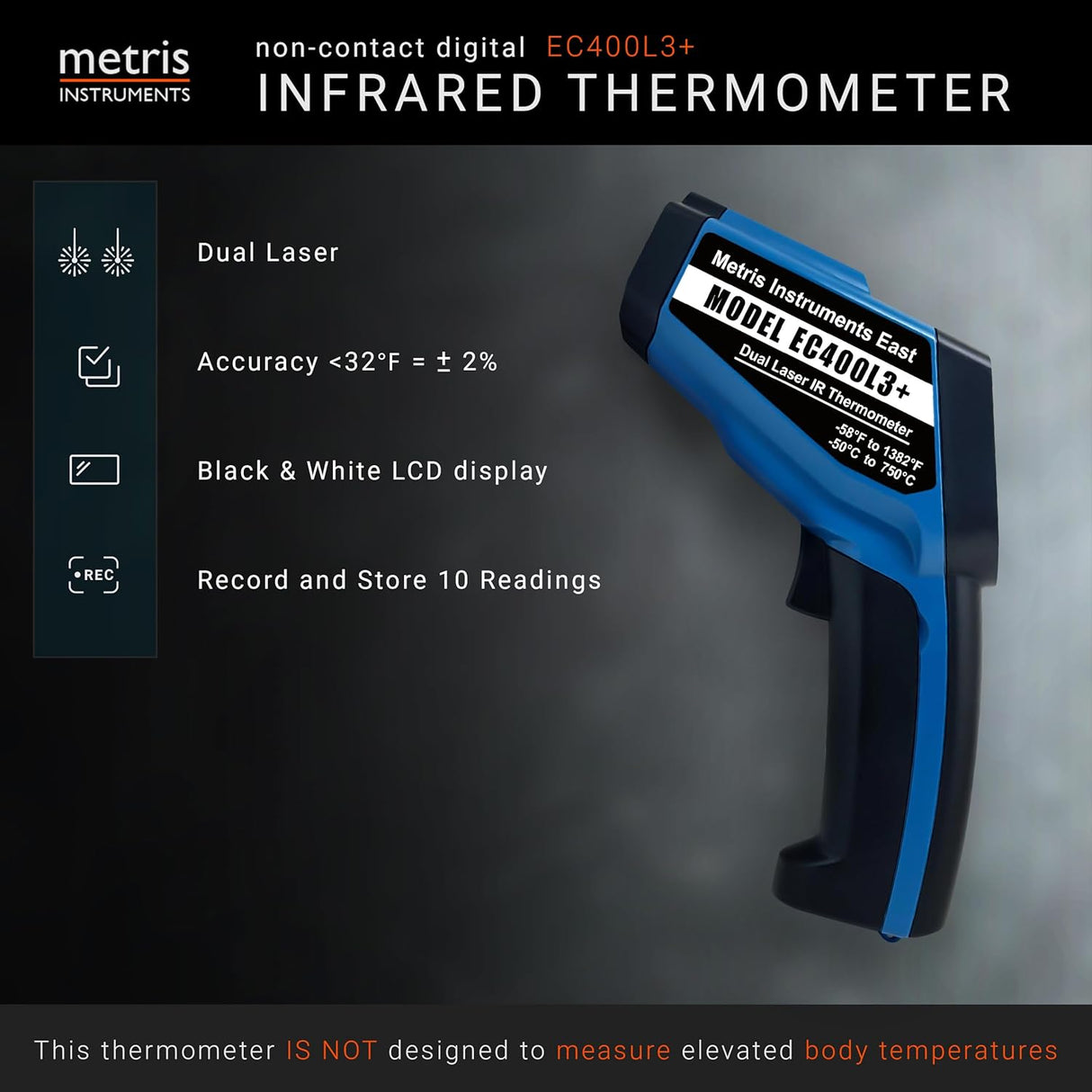 Metris Instruments EC400L3+ Digital Infrared Thermometer Gun for HVAC, Industrial, Automotive