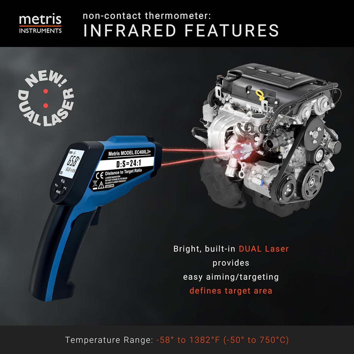 Metris Instruments EC400L3+ Digital Infrared Thermometer Gun for HVAC, Industrial, Automotive
